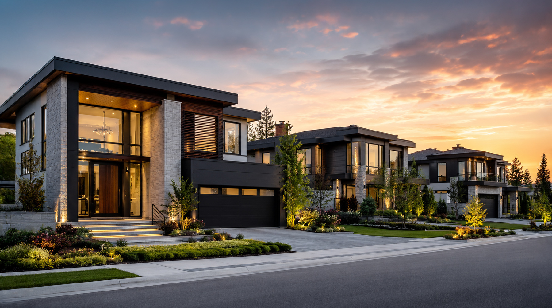 Modern homes at dusk representing the Fathom Holdings acquisition and homeownership ecosystem