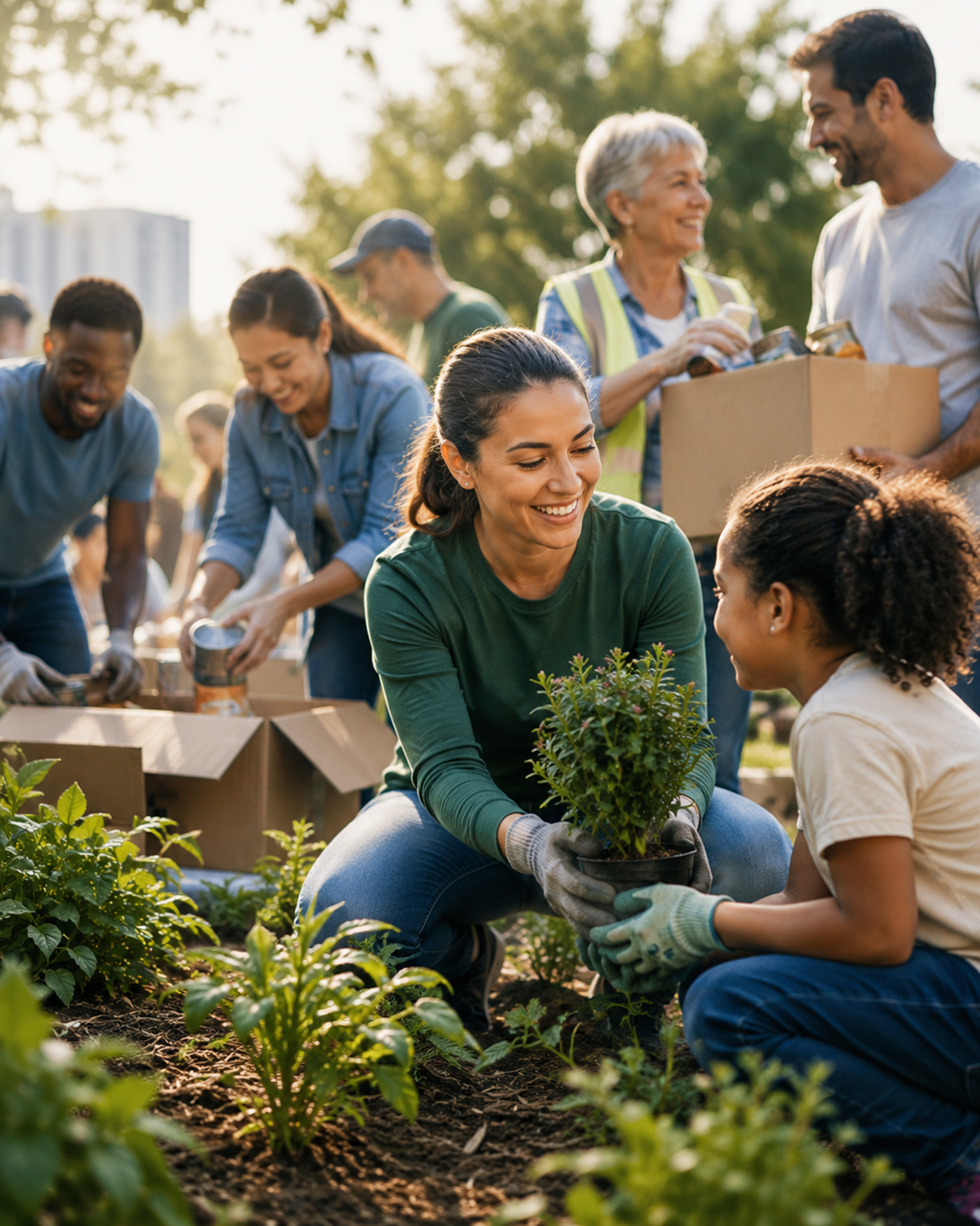 Omnus Law attorneys volunteering in a community garden — planting and packing donations alongside neighbors