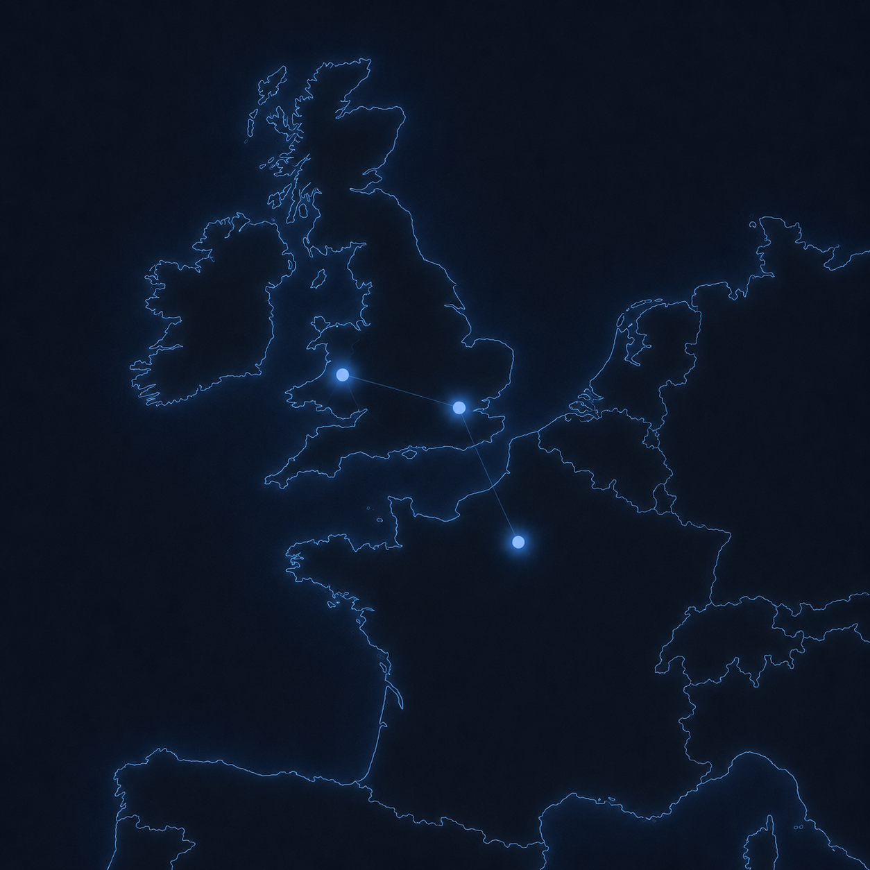 Europe presence map highlighting Omnus Law locations in England, Wales, and France